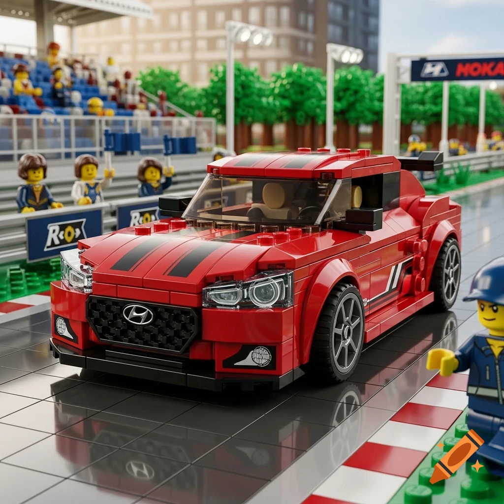 A red LEGO Hyundai race car on a track, with LEGO figures watching from the stands.