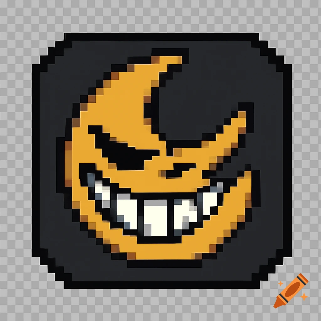 Pixel art app icon of a smiling, mischievous orange crescent moon with a dark background.