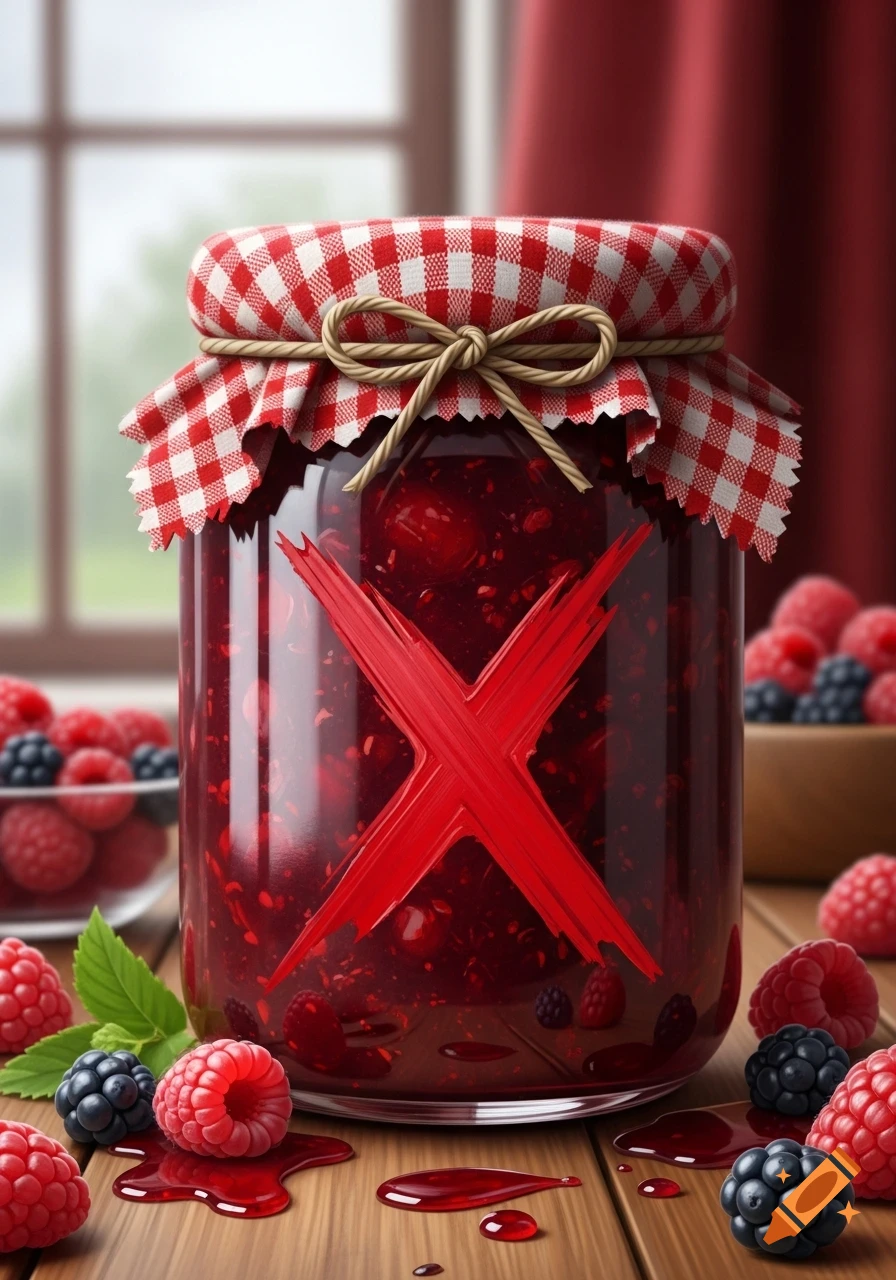 A photorealistic image of a jam jar with a prominent red X, surrounded by fresh raspberries and blackberries on a wooden table, with a window in the background.