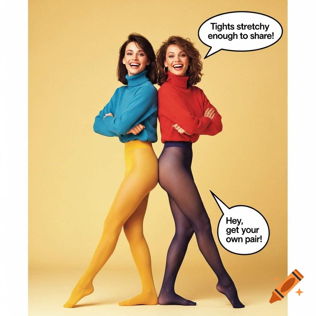 Two smiling women in 1980s style turtlenecks, sharing one pair of yellow and blue tights, with humorous speech bubbles.