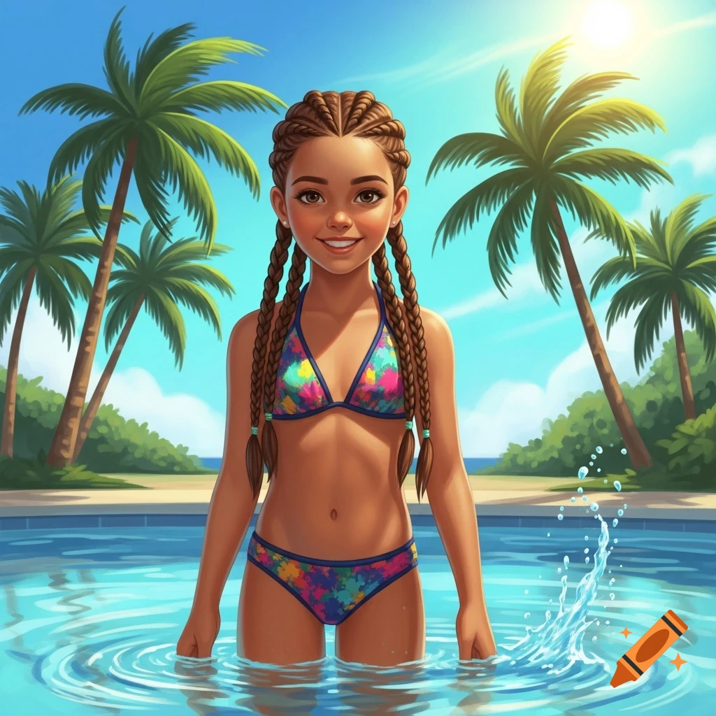 Smiling cartoon girl with braided hair in a colorful bikini in a sunny swimming pool with palm trees.