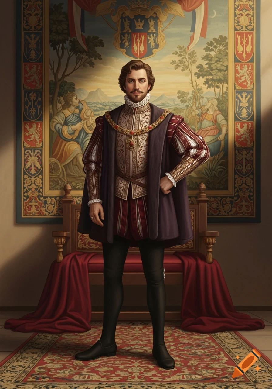 A man in elaborate 16th-century royal attire stands before a throne and a grand tapestry in a realistic painting.
