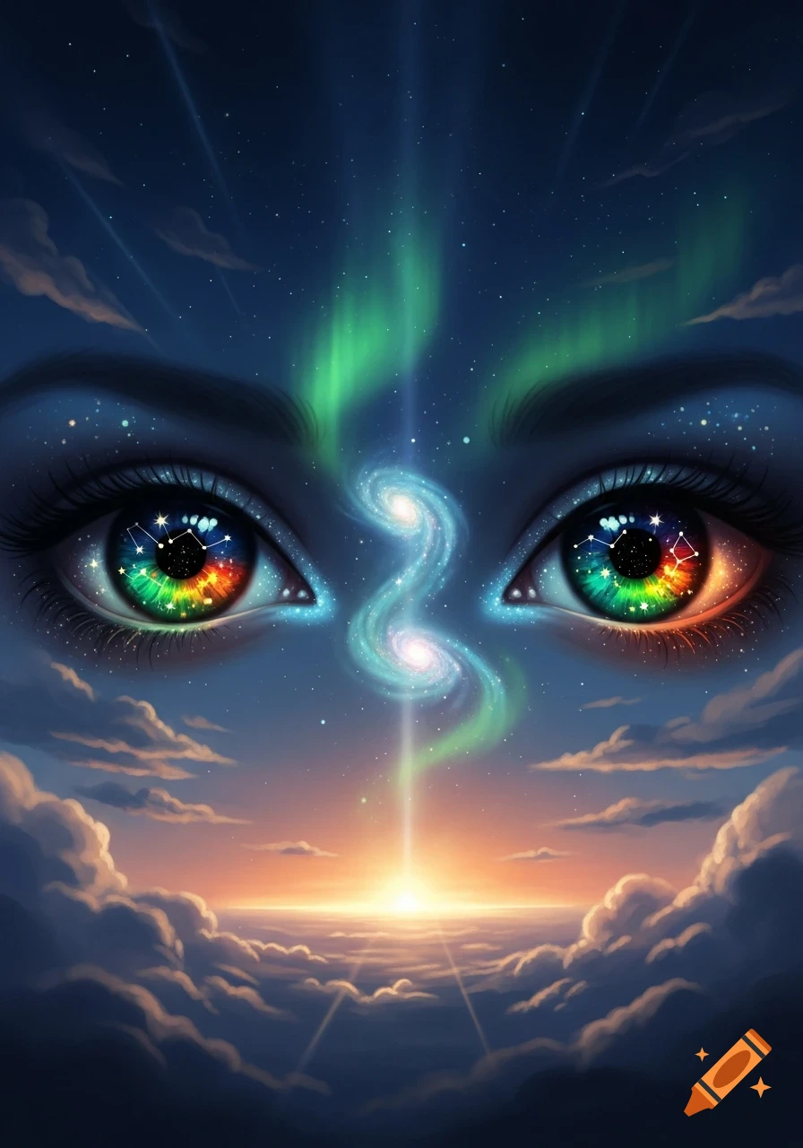 Close-up of stylized eyes with rainbow irises, constellations, and galaxies, with swirling galaxies, aurora, and clouds at sunset.