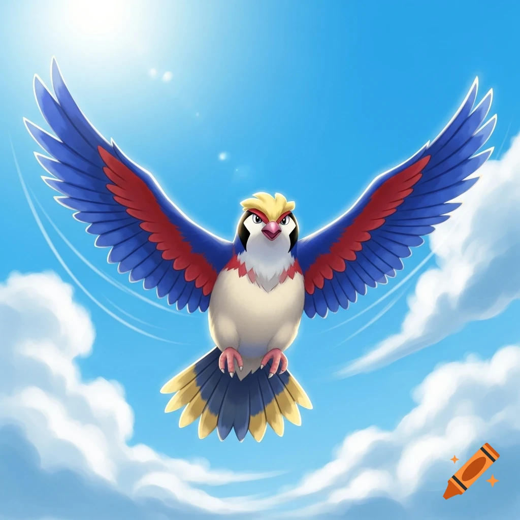 A colorful cartoon Pidgeot-like bird with blue, red, and yellow markings flies with outstretched wings in a bright blue sky with white clouds.