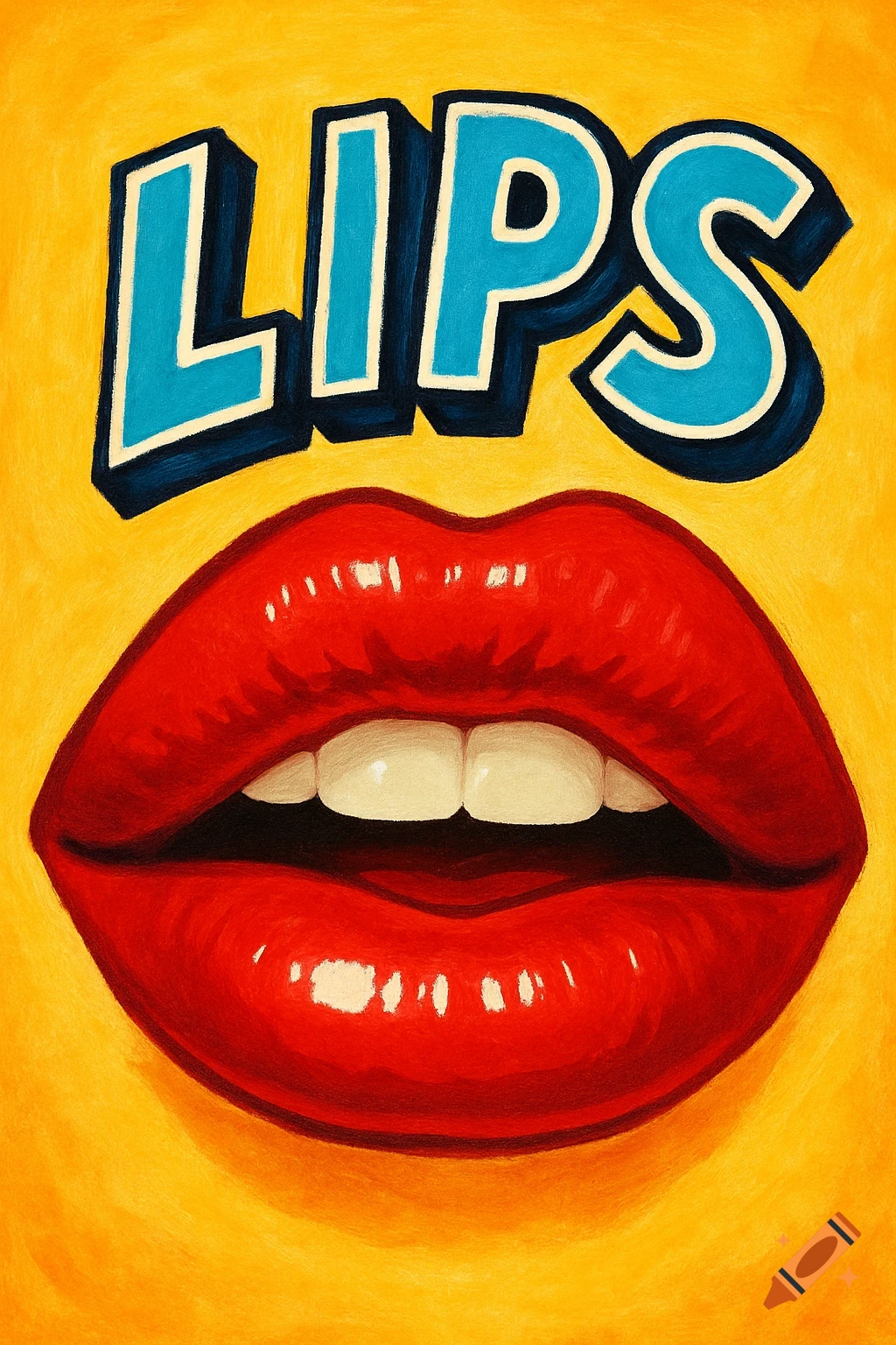 Pop art illustration of glossy red lips with white teeth on a yellow background, featuring blue and white text 'LIPS'.