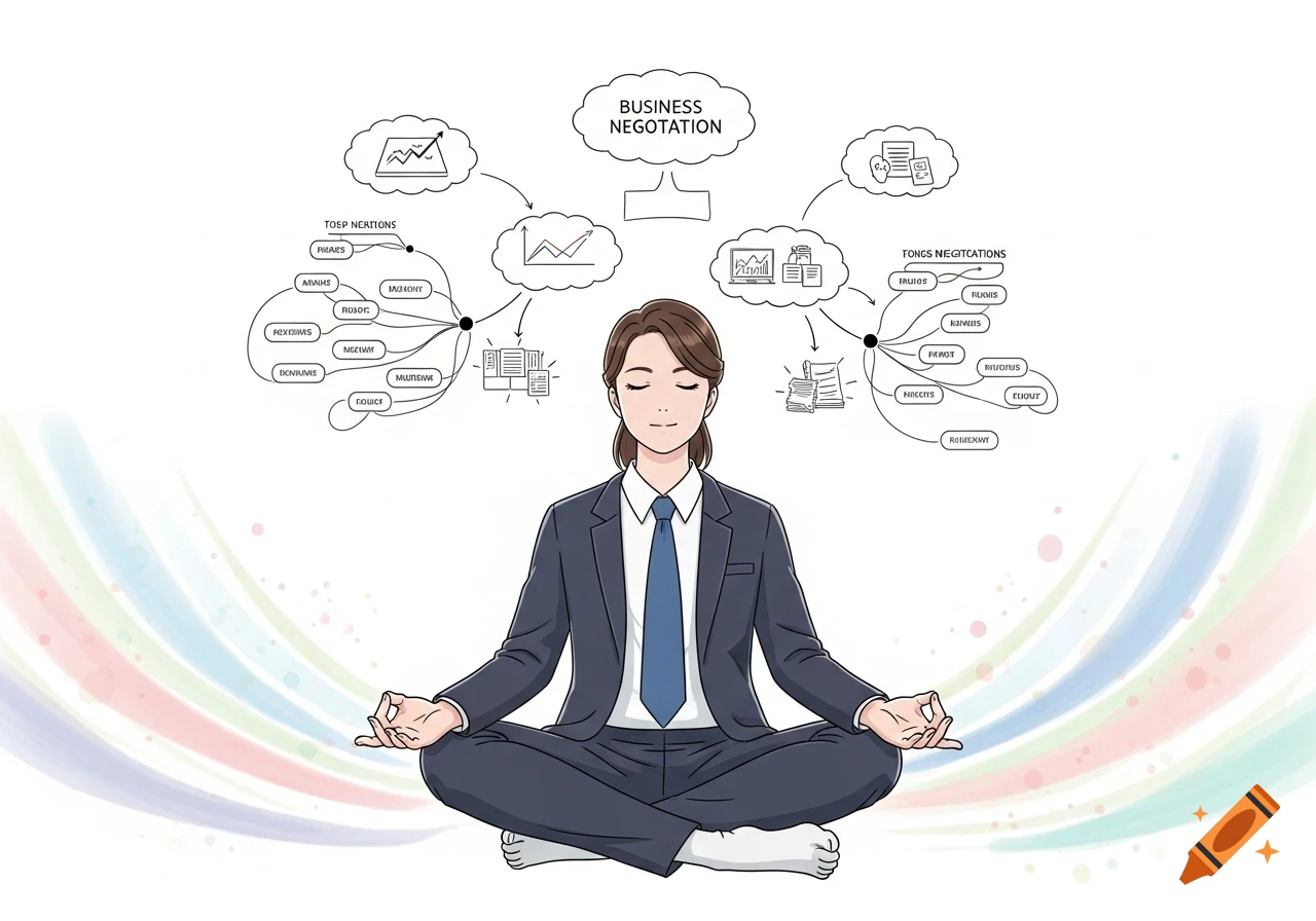 A business person in a suit meditating in a lotus pose, with a mind map on business negotiation floating above them.
