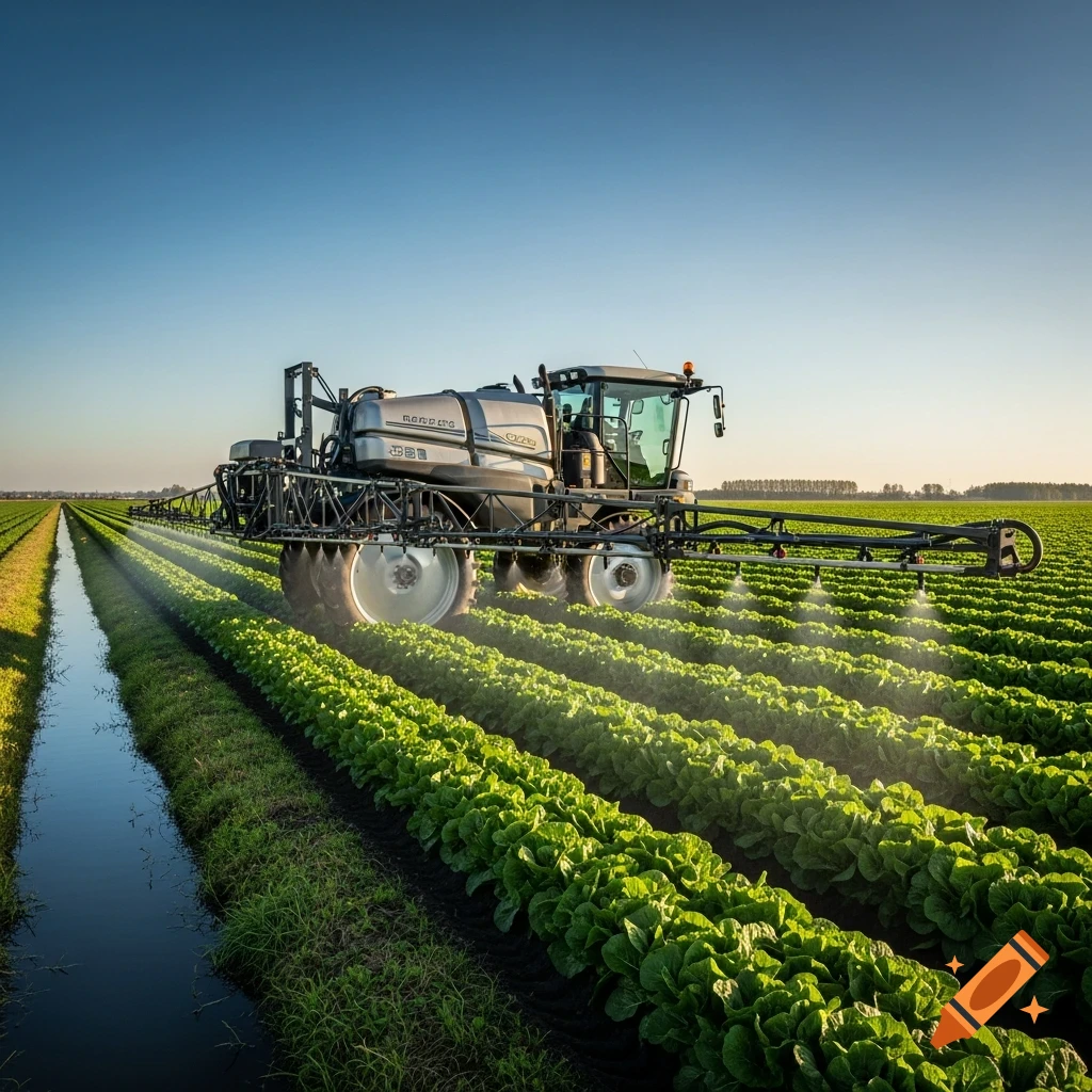 Photorealistic image of a gray and black pesticide sprayer in a field of green crops, actively spraying, with a water ditch nearby.