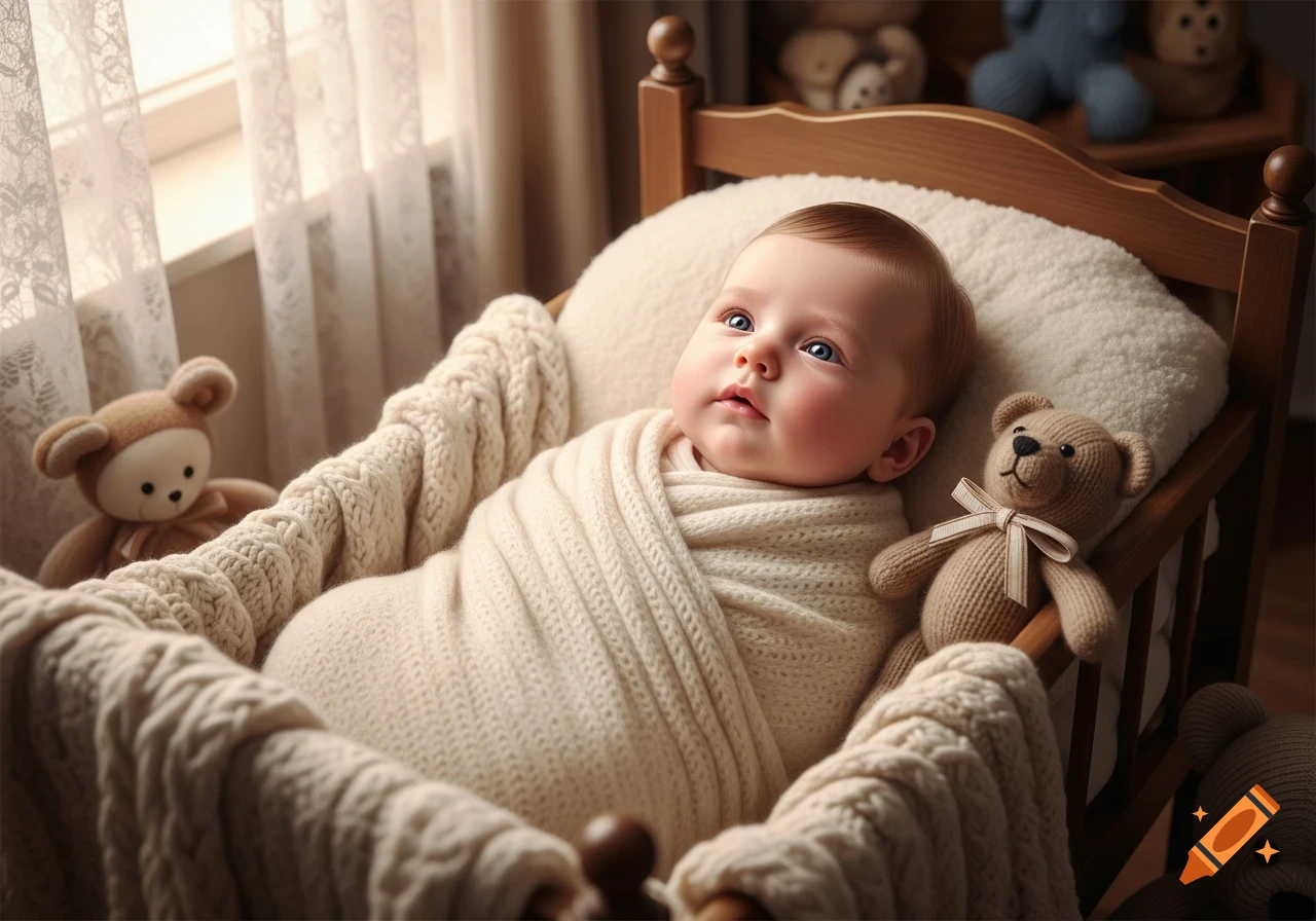 Photorealistic image of a baby swaddled in a cream blanket, lying in a wooden crib with teddy bears.