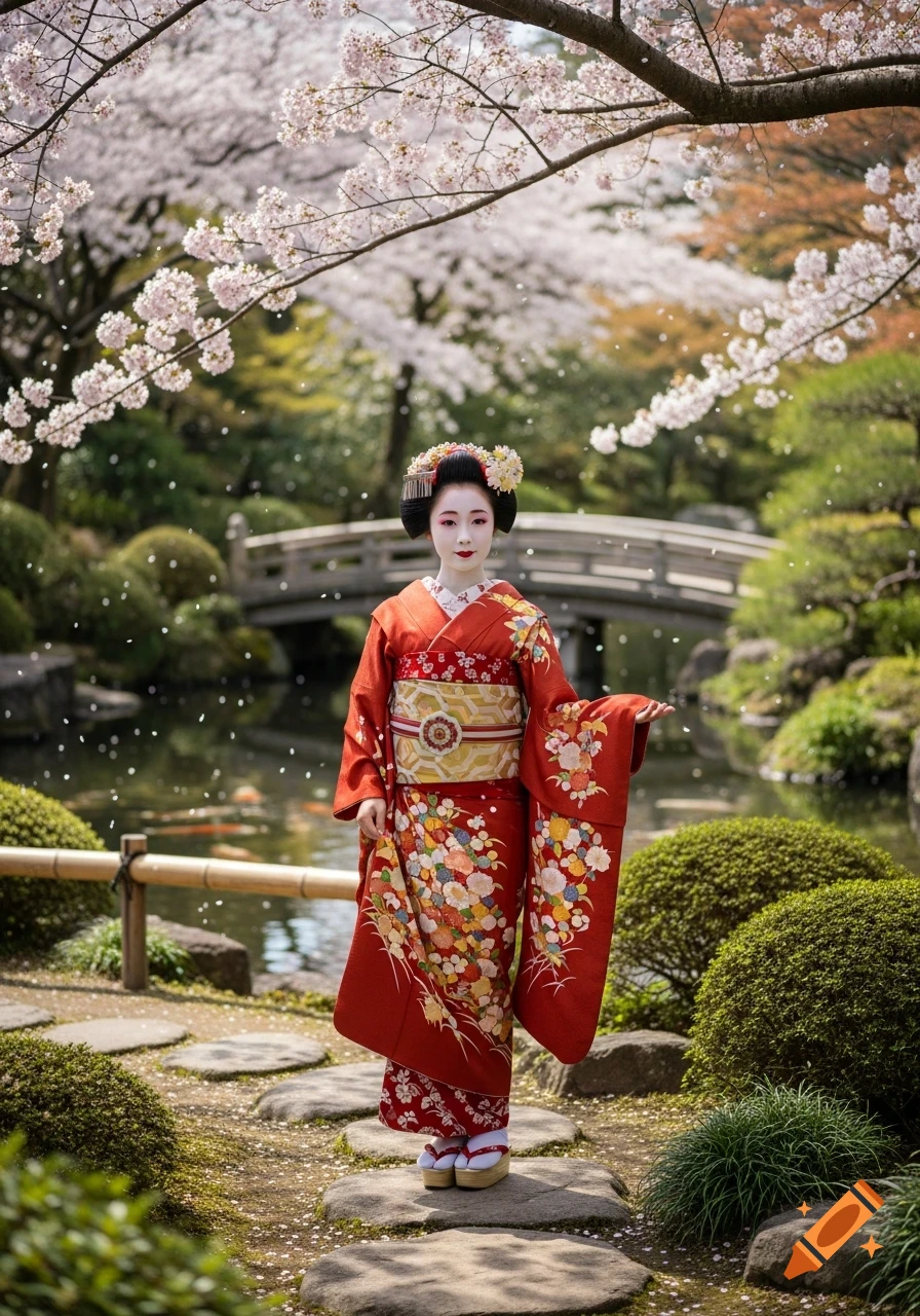 A Maiko in a red floral kimono stands in a Japanese garden with cherry blossoms falling, a pond, and a bridge.
