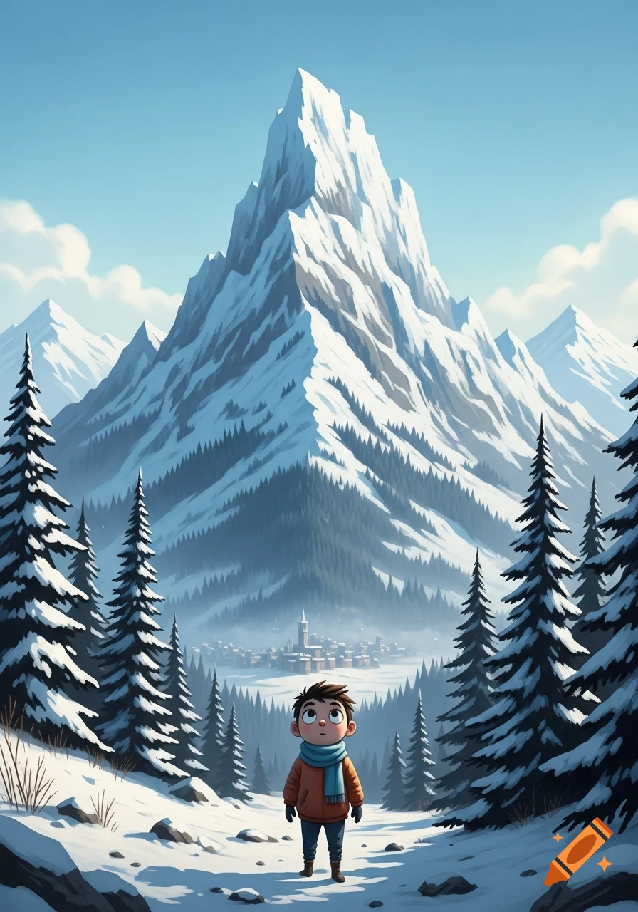 A cartoon boy in winter clothes looks up at a majestic snowy mountain range with pine trees and a distant town.