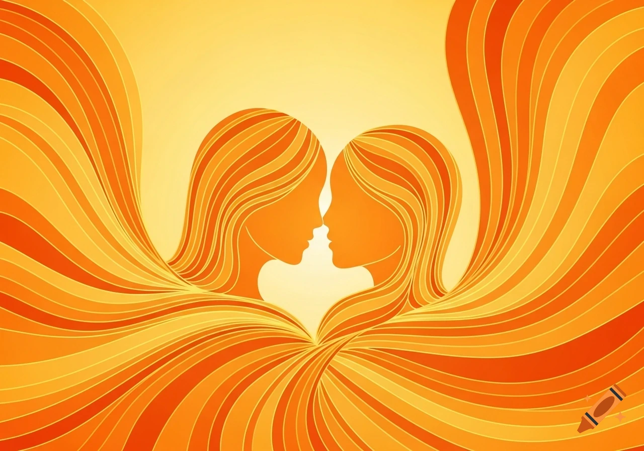 Abstract line art with two stylized female profiles facing each other, formed by flowing orange and yellow wavy lines.