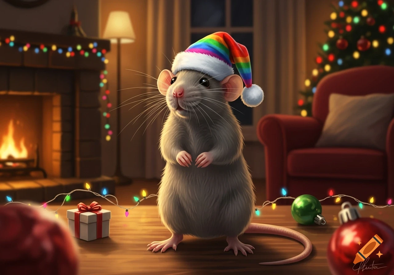 A cute grey rat wearing a rainbow Santa hat stands in a cozy, festive room with a fireplace, Christmas tree, and colorful string lights.