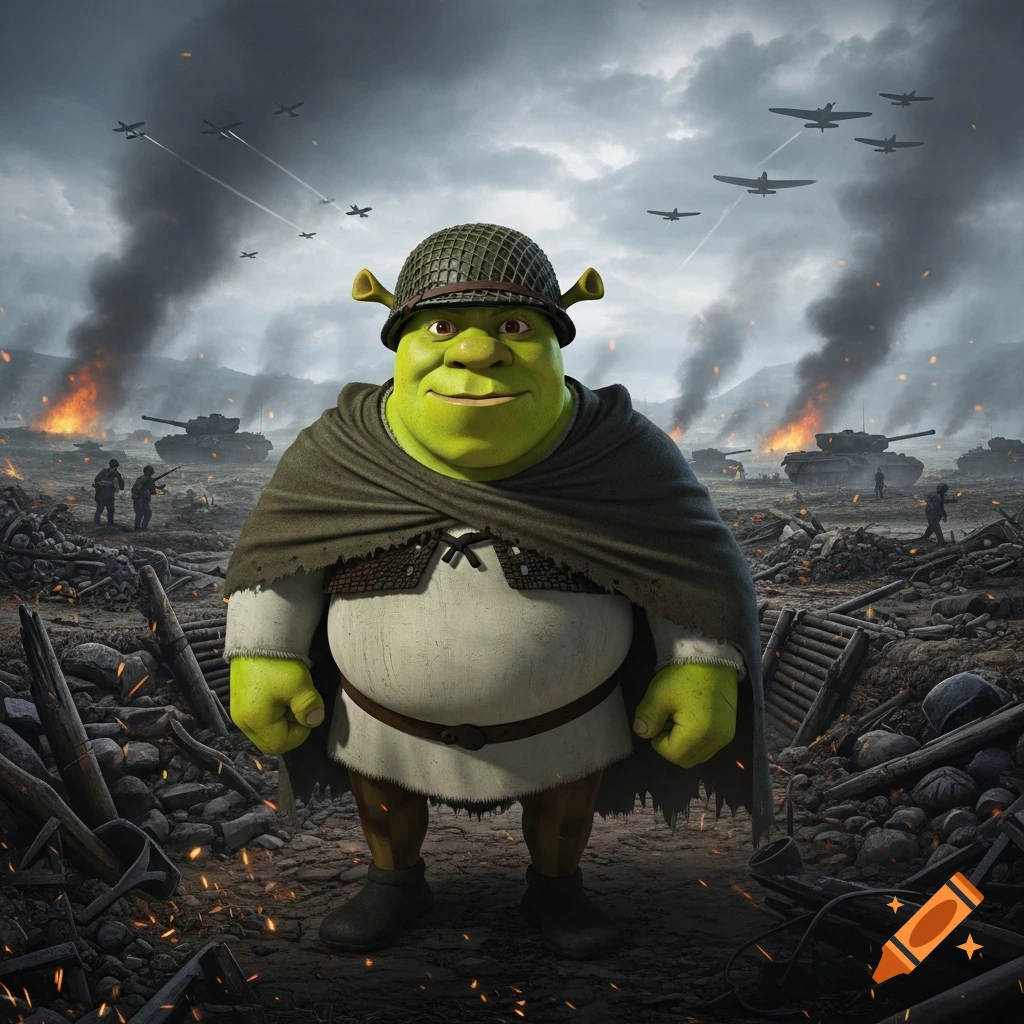Shrek wearing a military helmet and cloak stands on a burning battlefield with tanks, soldiers, and planes in a photorealistic style.
