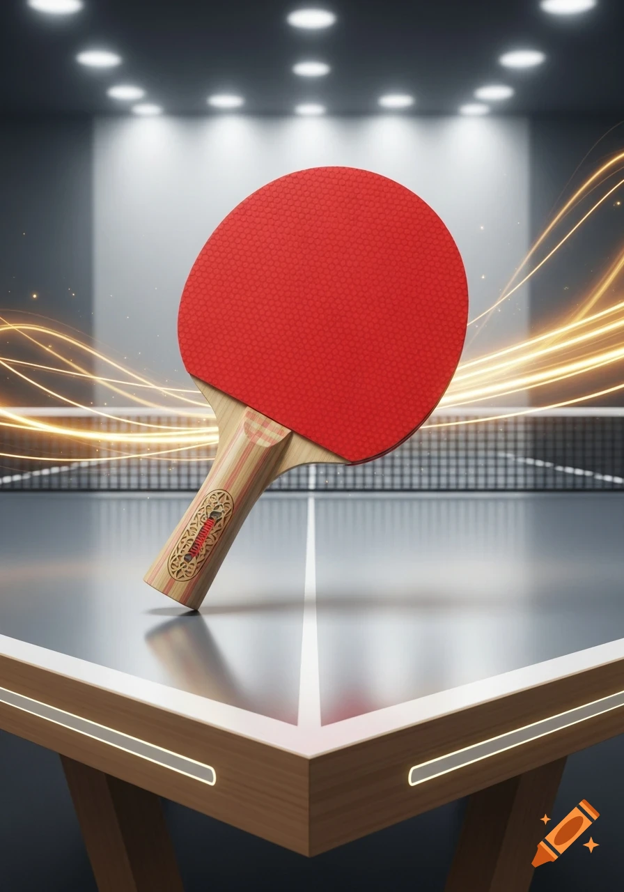 A red table tennis paddle stands on a shiny dark table, with glowing golden lines and a blurred court in the background.
