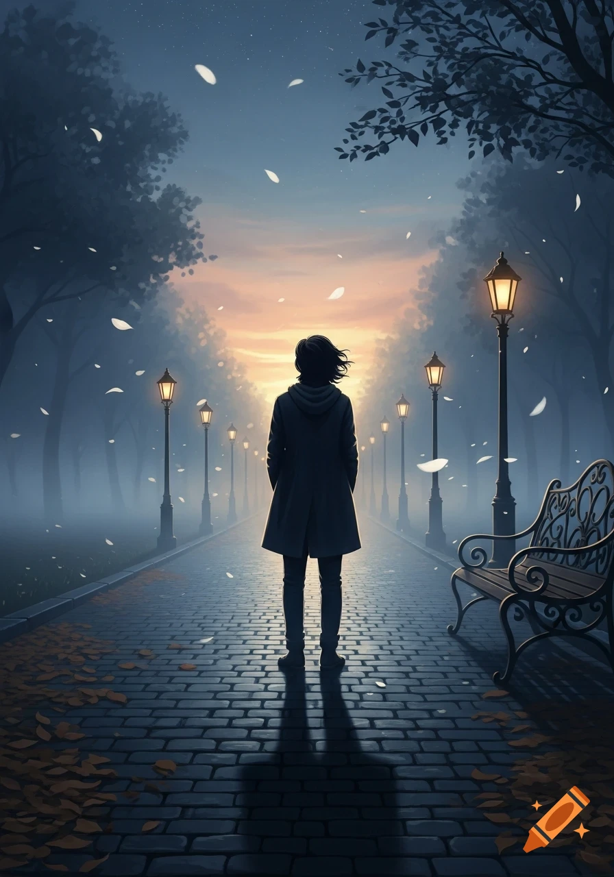 A lone figure stands on a misty park path at sunset, surrounded by glowing lampposts and falling leaves, digital art.