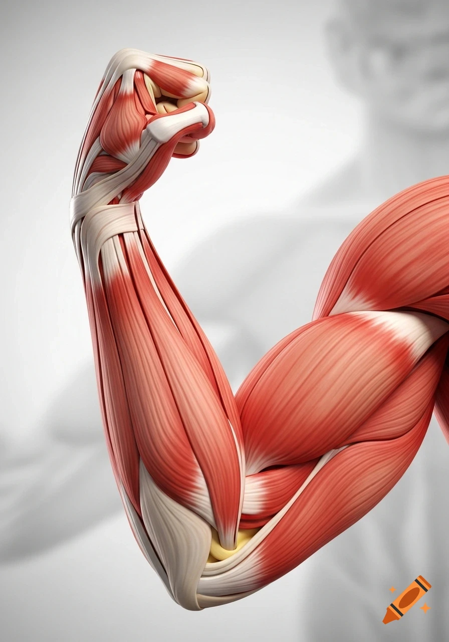 Detailed 3D rendering of a flexed human arm, showcasing the red biceps and brachialis muscles against a grey background.