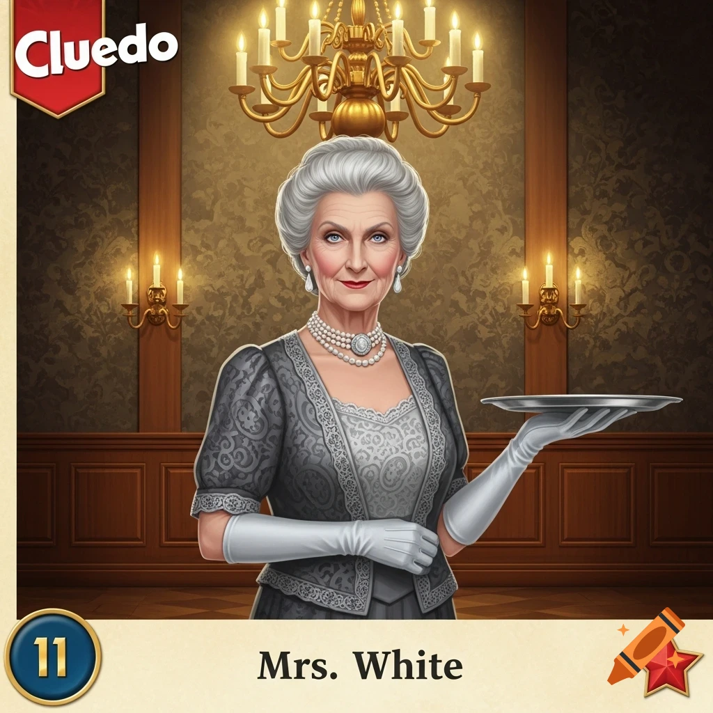 Illustration of Mrs. White from Cluedo, an elegant elderly woman in a grey dress and pearls, holding a tray in a formal room.