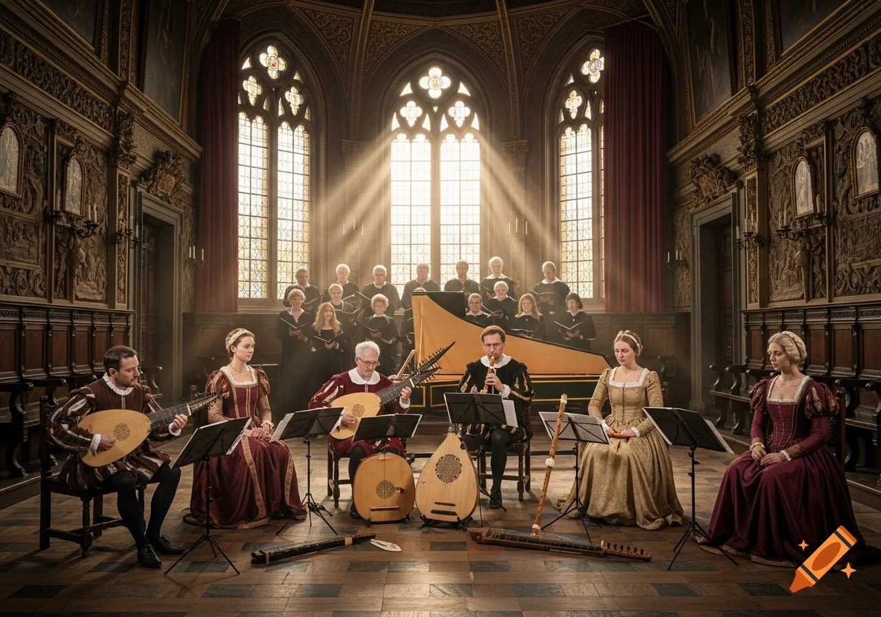 A Renaissance music ensemble and choir perform in a grand, sunlit hall with gothic windows. Musicians play lutes, a recorder, and a harpsichord.