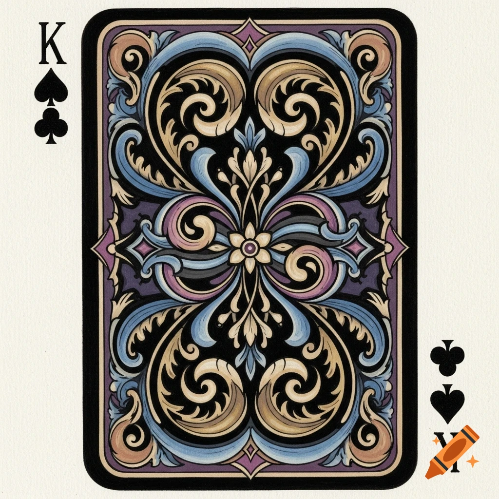 An ornate playing card with a black, blue, gold, and purple symmetrical design, featuring a 'K' and spade/club symbols.