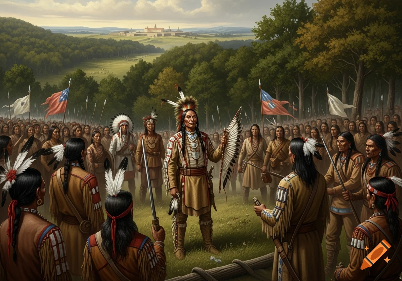 A large gathering of Native Americans in traditional attire, some holding spears and flags, in a grassy clearing with a fort in the distant background. A chief stands prominently in the center.