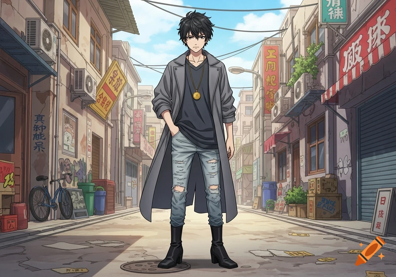 A young man with black hair, a grey trenchcoat, and ripped jeans stands in a bustling anime-style street.