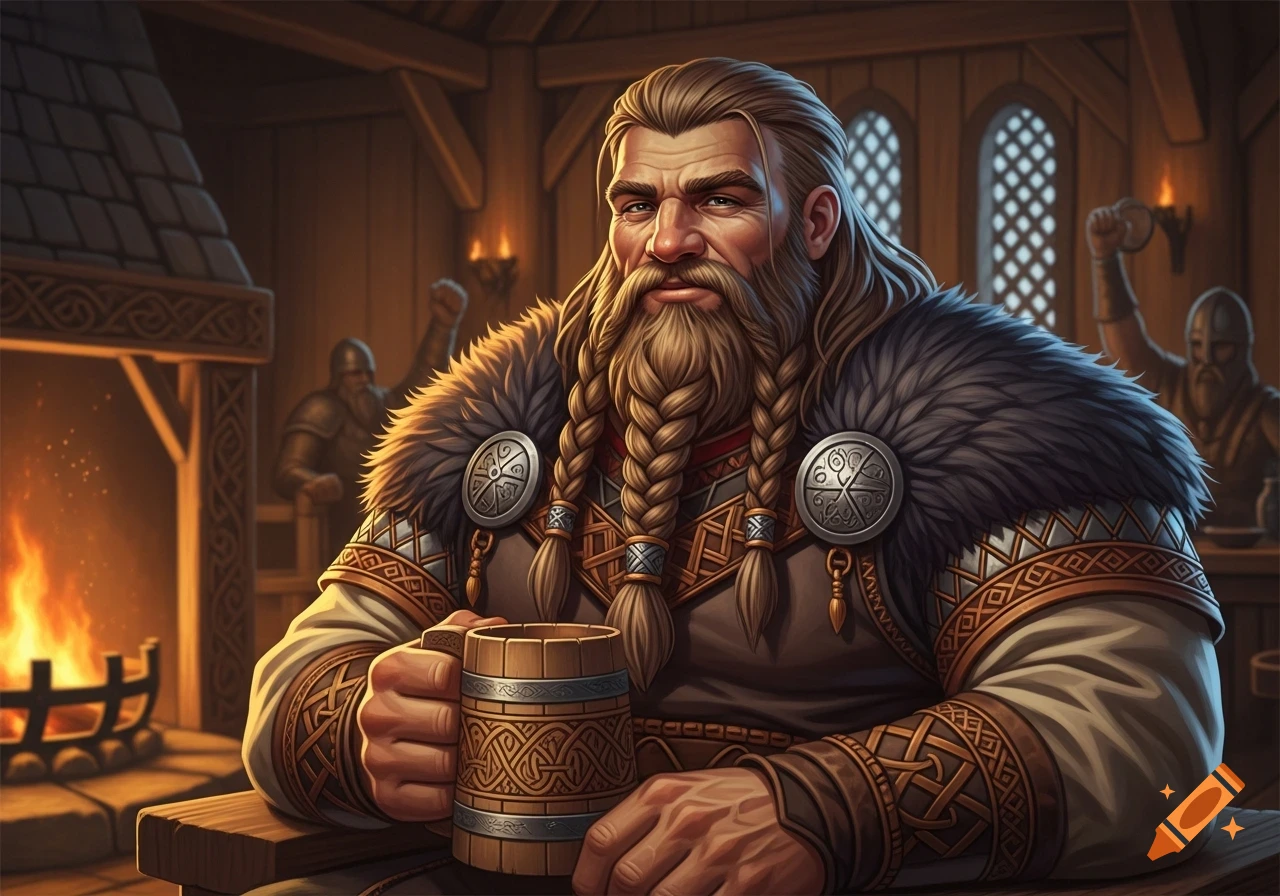 A burly Viking man with braided beard and fur-trimmed attire holds a wooden mug in a warm, rustic hall with a fireplace.