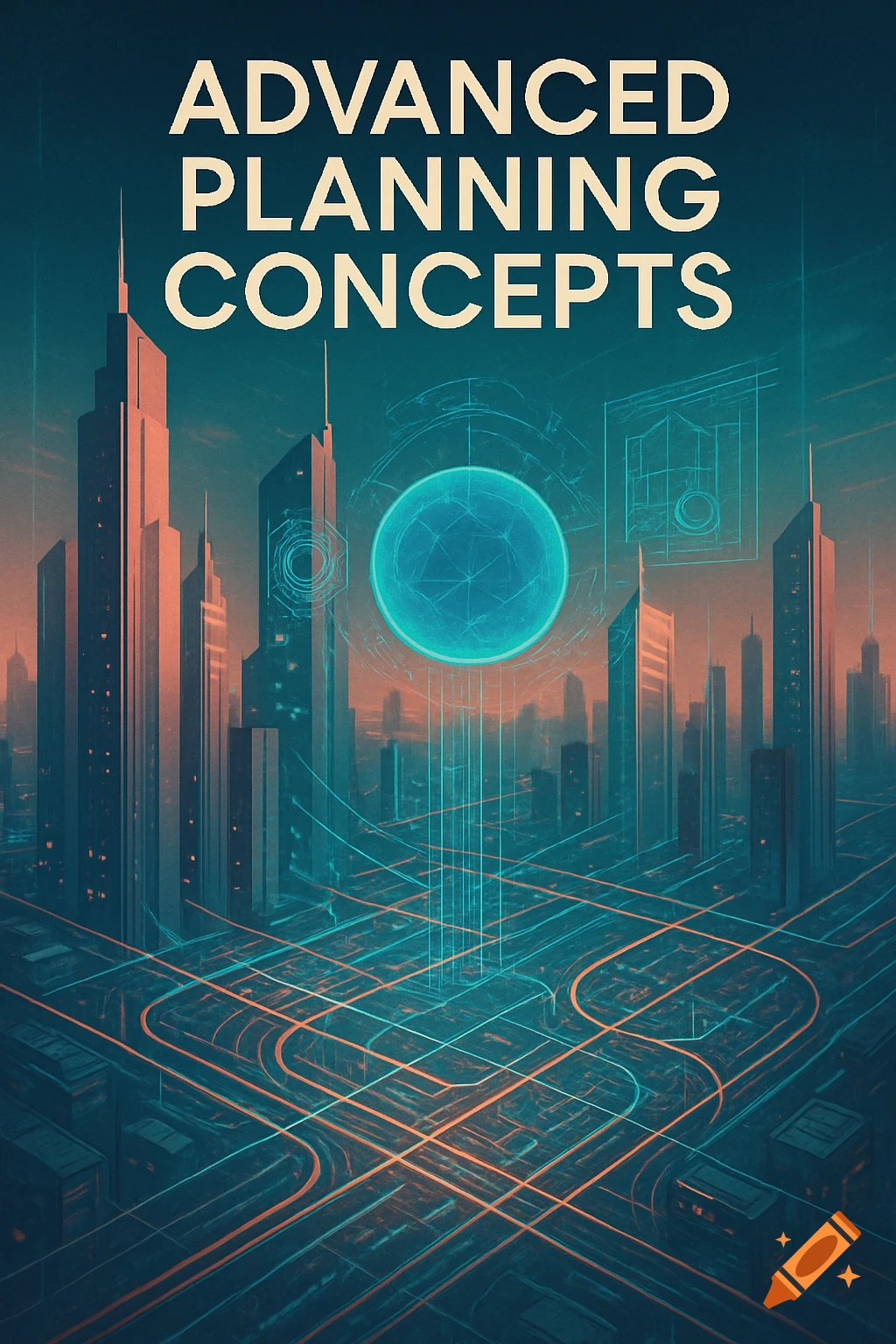 A futuristic cityscape with glowing data lines, a central blue orb, and the title "ADVANCED PLANNING CONCEPTS".