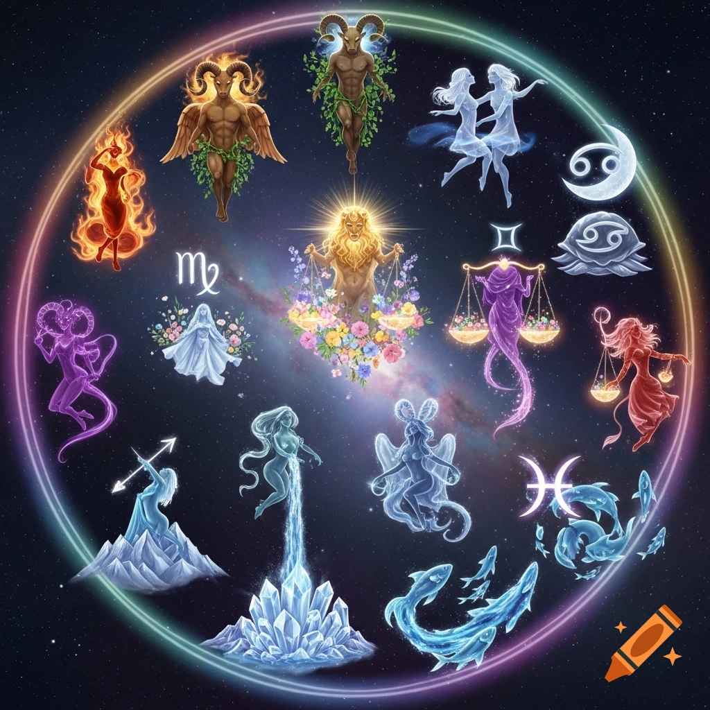 A vibrant circular illustration of all twelve zodiac signs as stylized mythical figures in a cosmic setting.