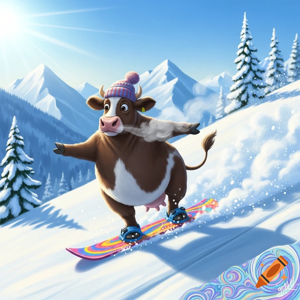A cartoon cow in a knitted hat snowboards down a snowy mountain, with pine trees and sun-drenched peaks in the background.
