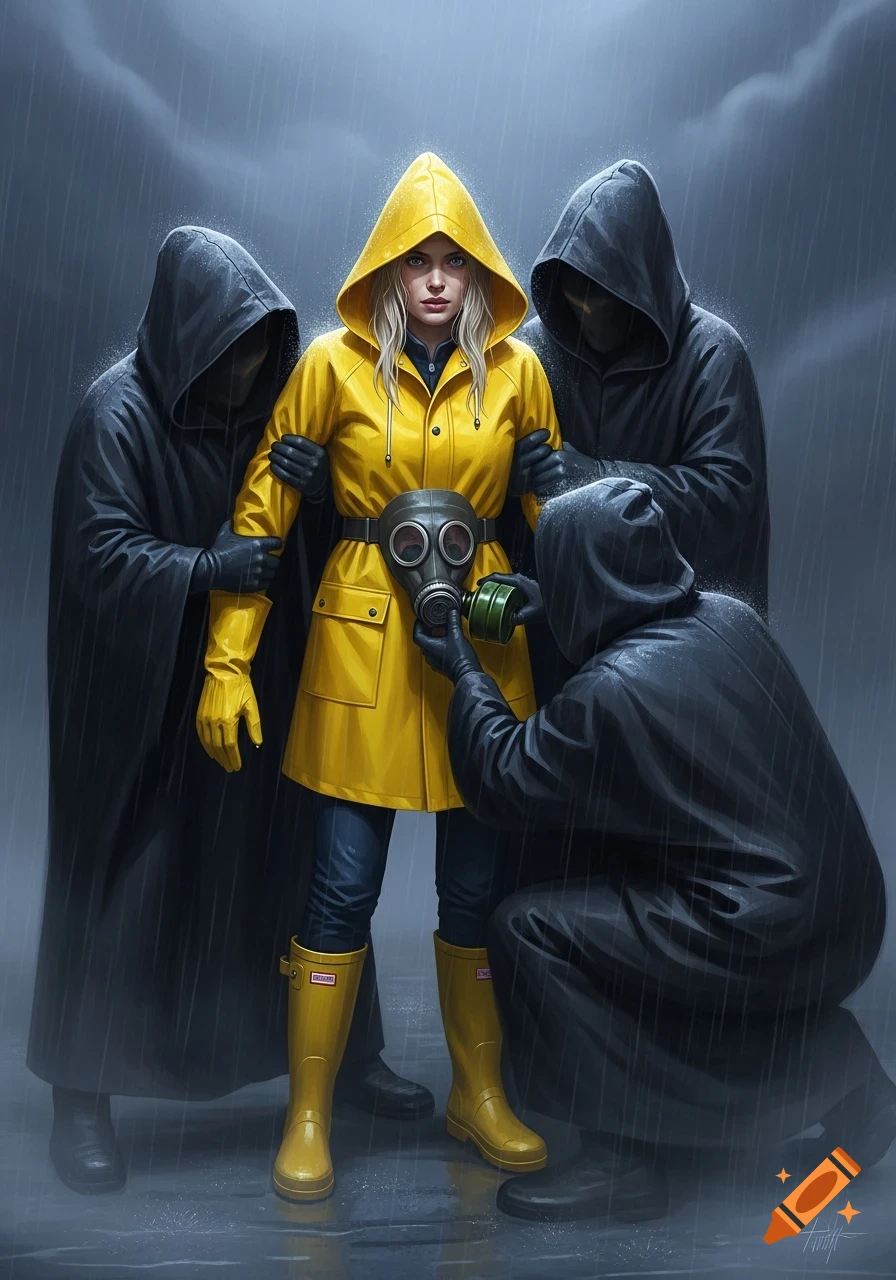 Illustrative image of a woman in a yellow raincoat and boots being held by three hooded figures in the rain, one placing a gas mask on her.