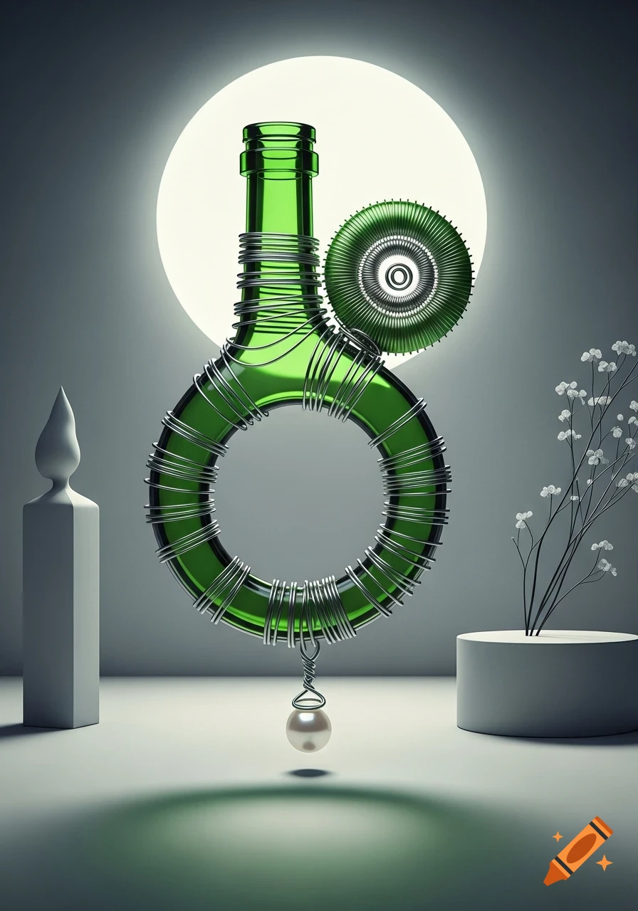 A green glass bottle wrapped in wire forms an abstract ring, with a dangling pearl, against a backdrop with a circular light.
