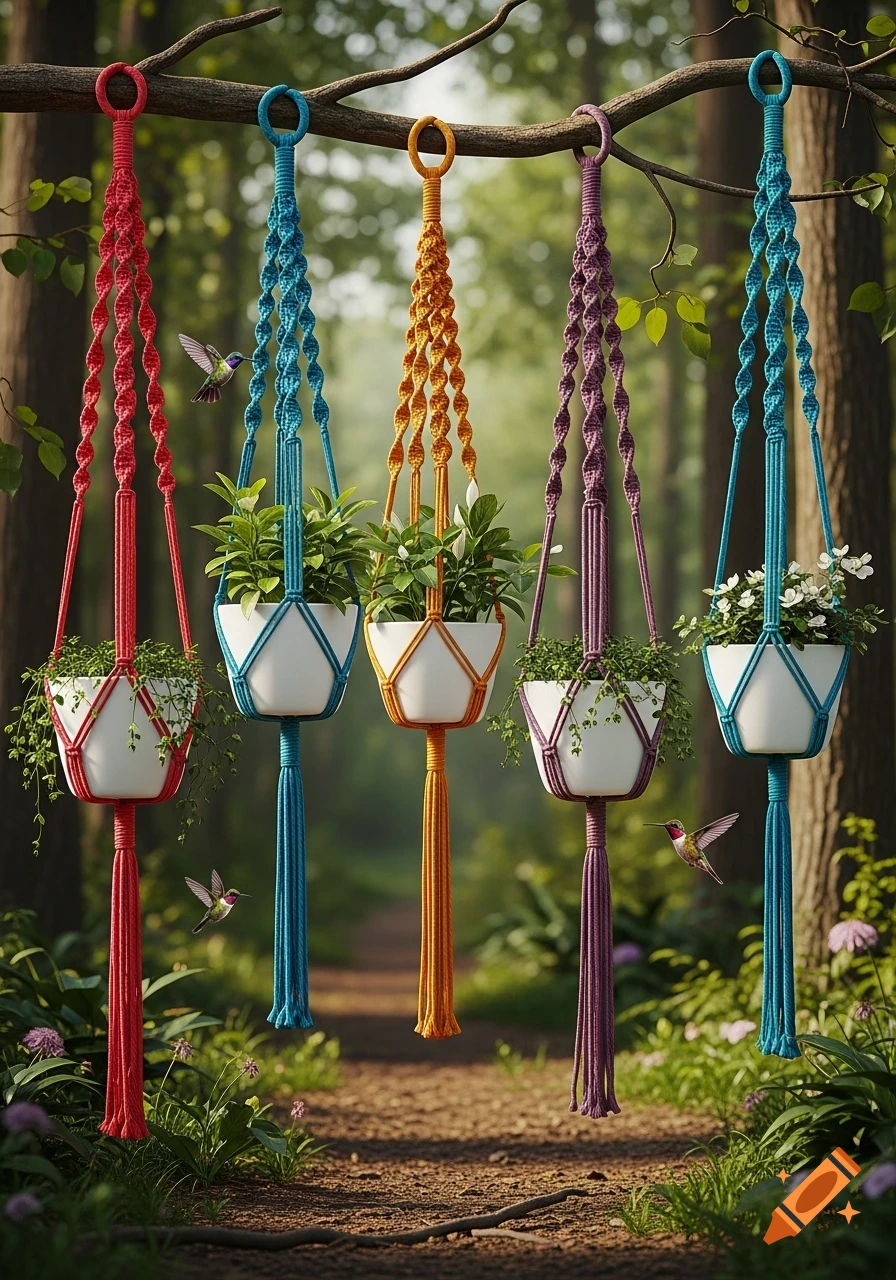 Five colorful macrame plant hangers with plants and white flowers hanging from a tree branch in a forest, with hummingbirds flying around.