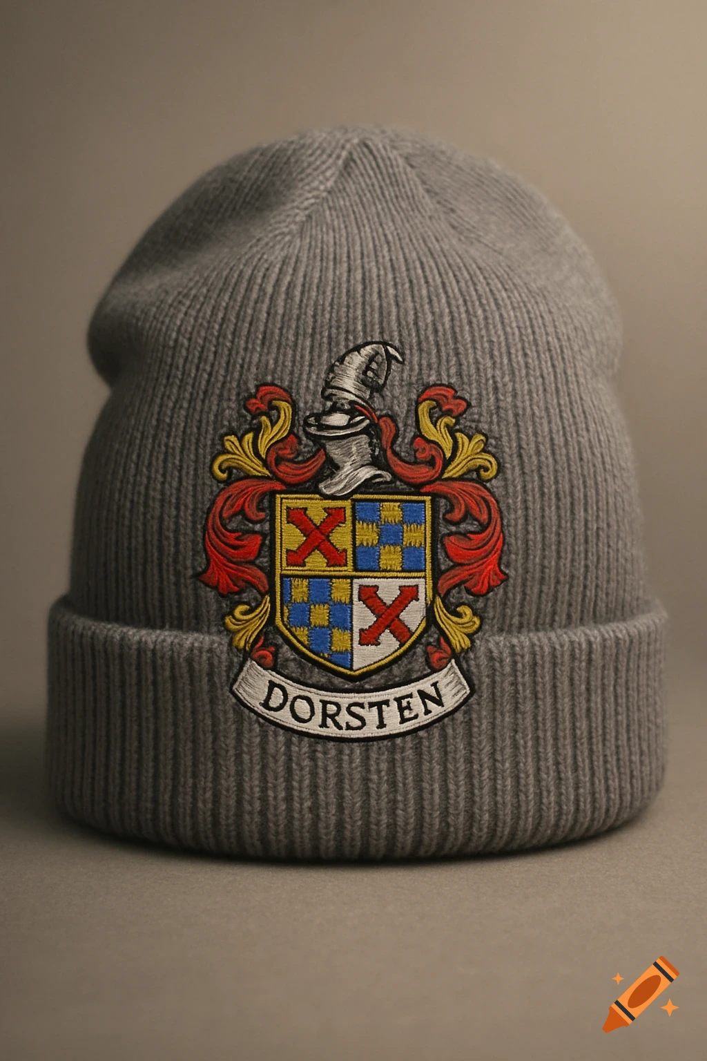 A grey knitted beanie features a colorful embroidered coat of arms with the word 'DORSTEN' on a banner.