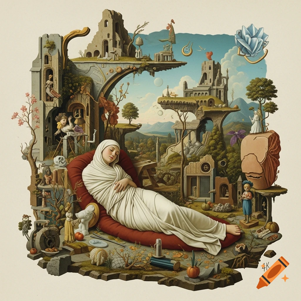 Surreal illustration of a woman sleeping on a red cushion amid a fantastical landscape of floating ancient structures and dreamlike elements.