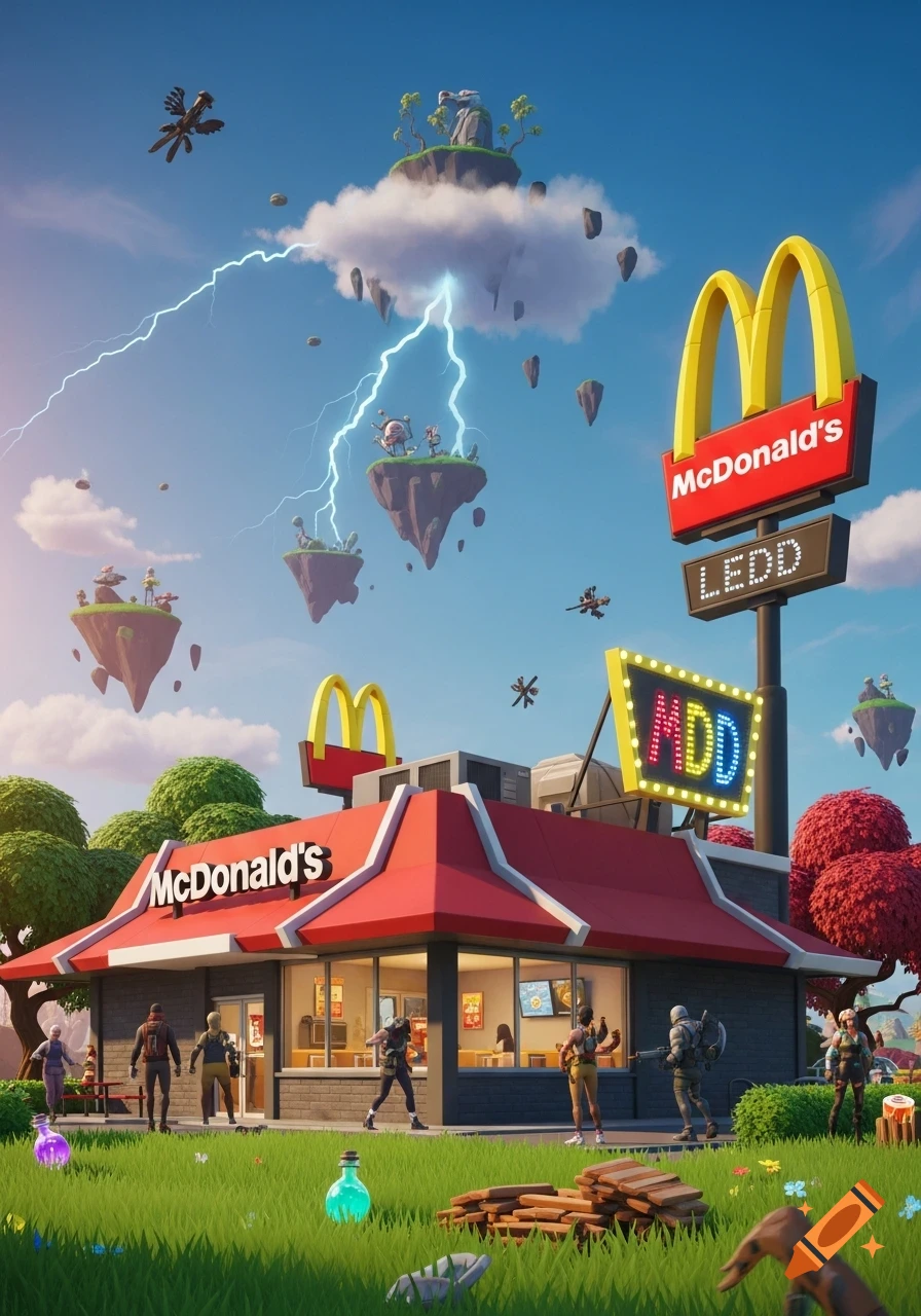 A stylized McDonald's restaurant in a Fortnite-like world, featuring floating islands with lightning, surrounded by game characters.