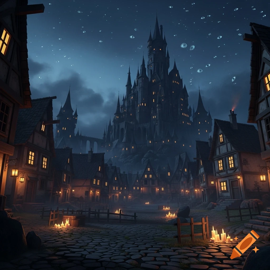 A dark fantasy town at night with a towering castle, cozy houses, cobblestone streets, and numerous small eyes floating in the sky.