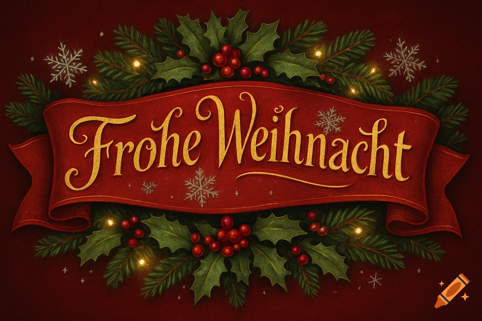 Red banner with 'Frohe Weihnacht' in gold script, surrounded by holly, pine branches, red berries, snowflakes, and glowing lights on a deep red background.