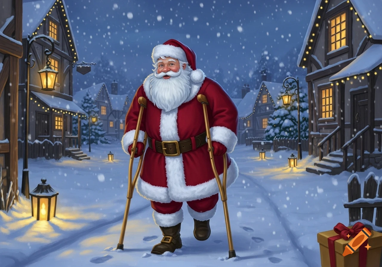 Santa Claus walks with crutches through a snowy, festive village scene ...