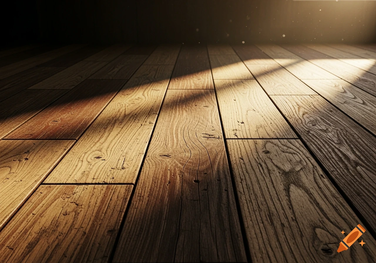 Sunlight streams across an old, textured wooden floor, illuminating dust motes in a dimly lit room.