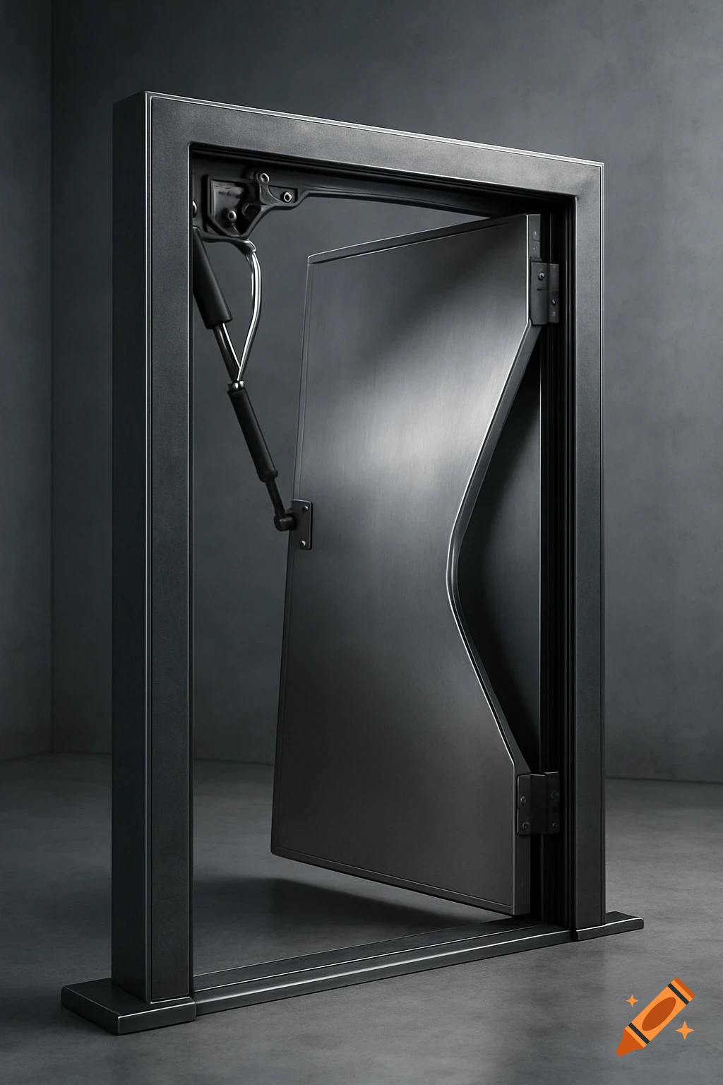 A modern dark metal door with a gas strut assistance mechanism, set in a minimalist gray room. Photorealistic style.