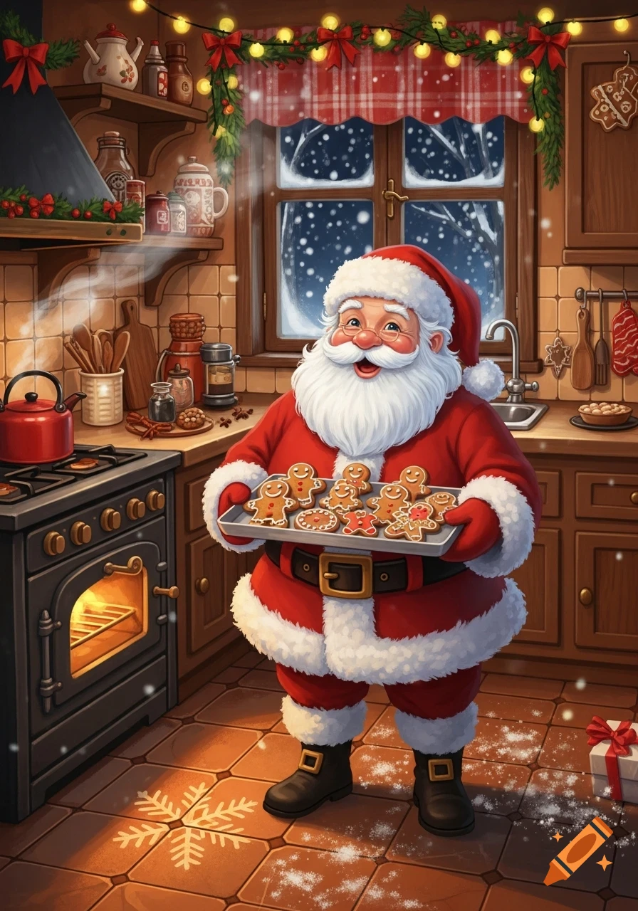 Santa Claus smiles in a festive kitchen, holding a tray of gingerbread cookies, with an oven and snowy window.