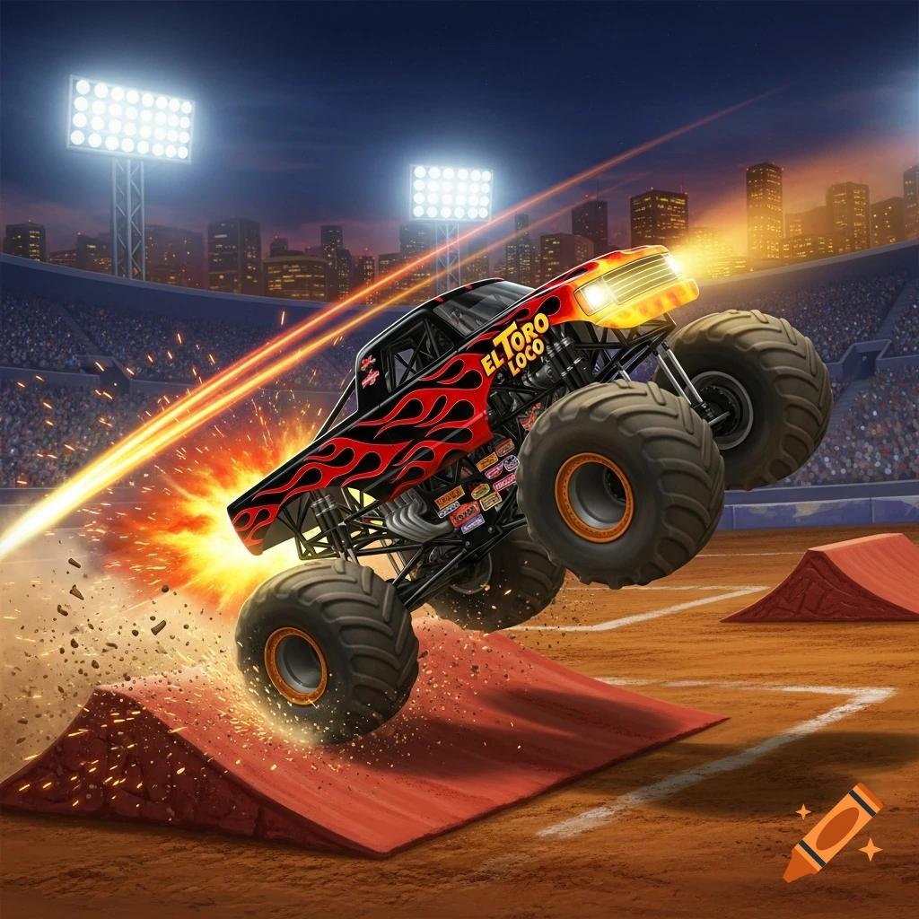 Black monster truck with red flames, labeled 'EL TORO LOCO', jumping off a ramp in a stadium at night with city lights. Dynamic action shot.