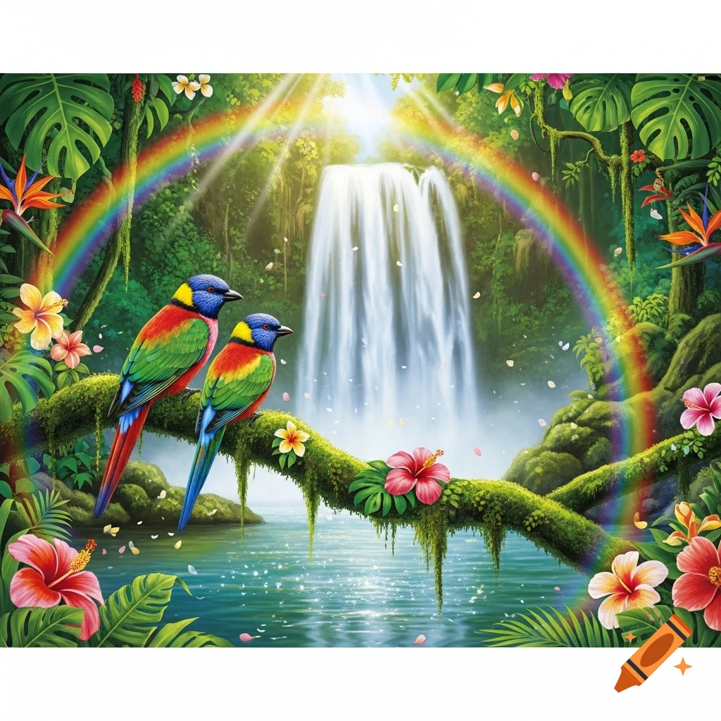 Two colorful birds perch on a mossy branch in a vibrant jungle landscape with a large waterfall and a rainbow under bright sunlight.