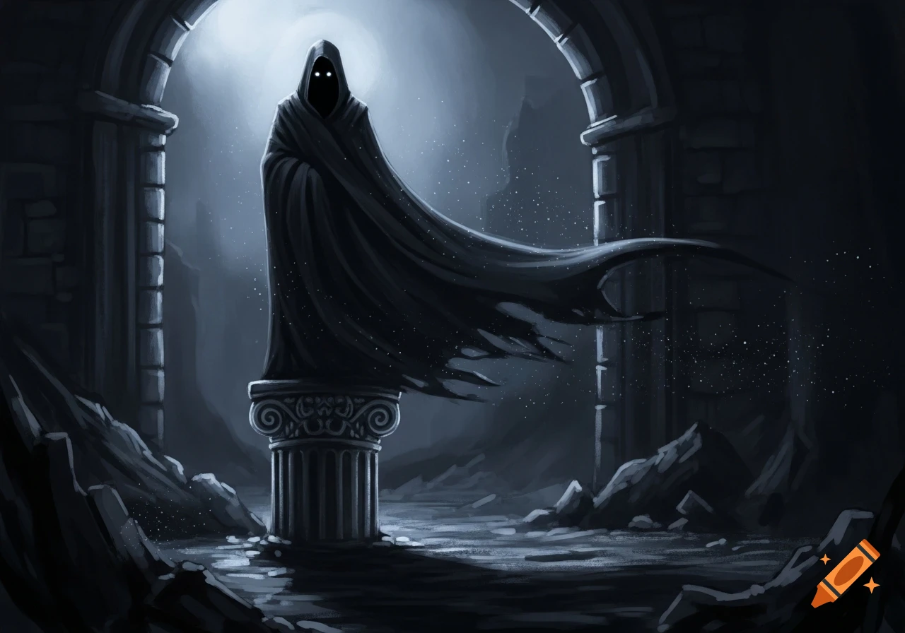 A dark, hooded figure with glowing white eyes stands on a classical ...