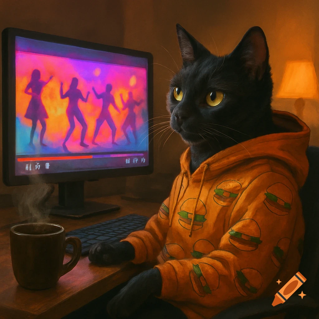 A black cat in an orange hamburger hoodie sits at a computer, watching vibrant dancing silhouettes on the screen, with a steaming coffee mug beside it.