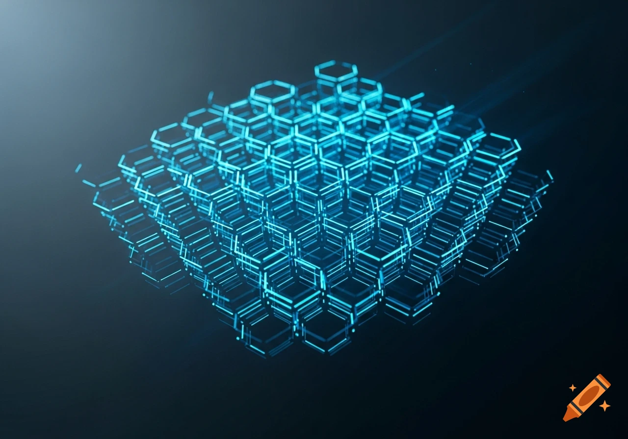 Glowing blue hexagonal grid pattern on a dark background, forming an abstract technological structure.