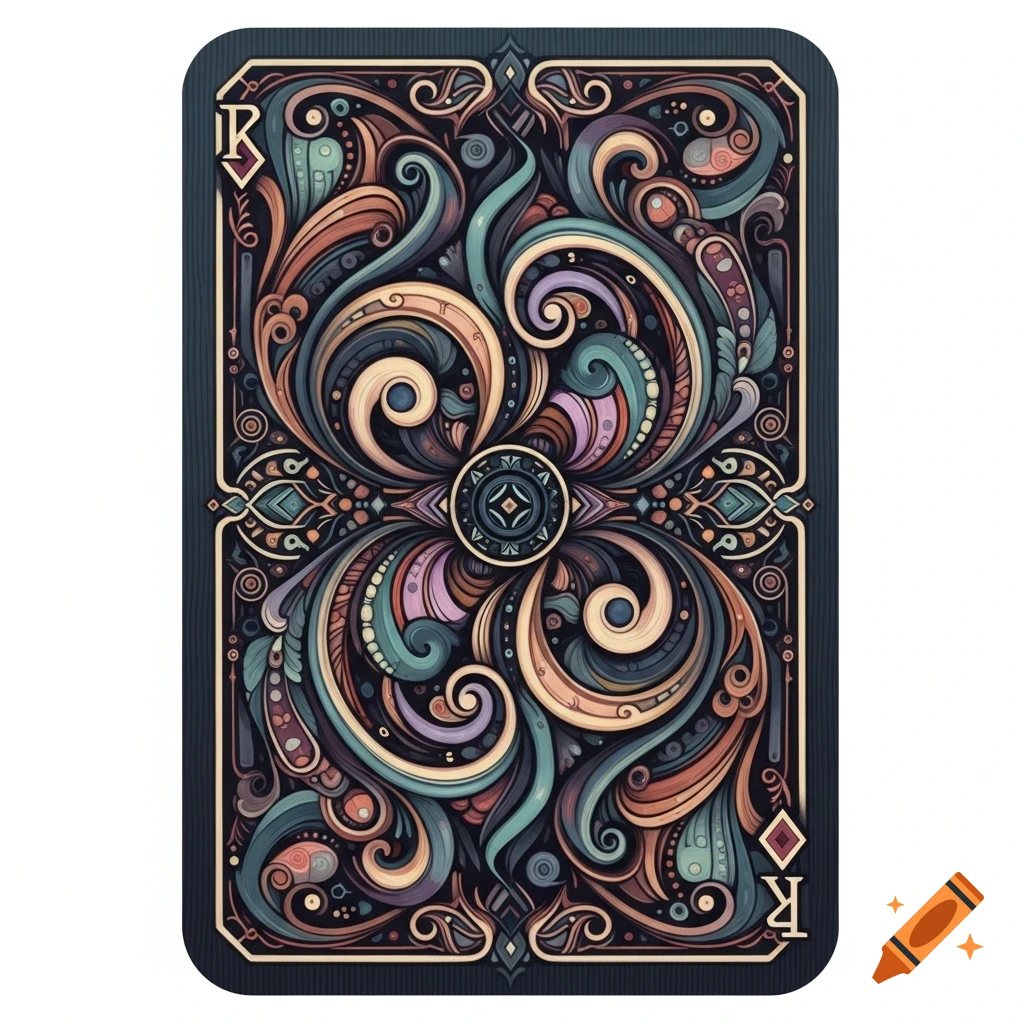An ornate playing card back with intricate swirling patterns in muted earth tones, teal, and violet, featuring a stylized 'K' and diamond symbol.