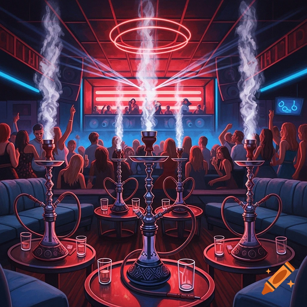 Vibrant illustration of a crowded nightclub with multiple glowing hookahs in the foreground, people dancing under red and blue neon lights.