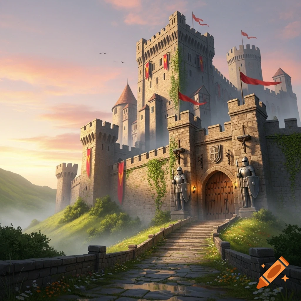 A majestic medieval castle with tall towers and red flags, set against a sunset sky, with a stone path leading to its main gate.