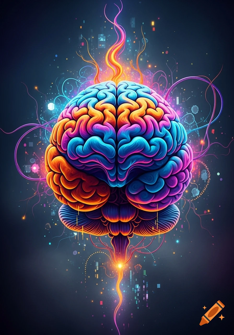 Vibrant, colorful stylized brain glowing with neural connections and digital light particles against a dark background.
